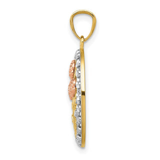 14k Yellow and Rose Gold w/ Rhodium Polished and Textured Oval 3 Rose Pendant