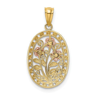 14k Yellow and Rose Gold w/ Rhodium Polished and Textured Oval 3 Rose Pendant