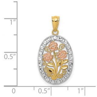 14k Yellow and Rose Gold w/ Rhodium Polished and Textured Oval 3 Rose Pendant