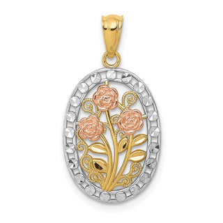 14k Yellow and Rose Gold w/ Rhodium Polished and Textured Oval 3 Rose Pendant