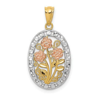 14k Yellow and Rose Gold w/ Rhodium Polished and Textured Oval 3 Rose Pendant