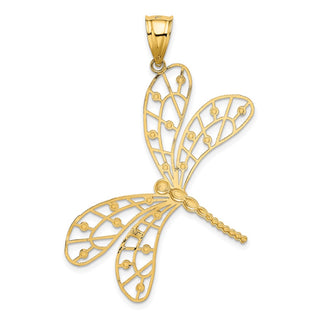 14k Yellow and White Gold Polished Diamond-cut Filigree Dragonfly Pendant