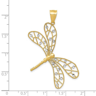 14k Yellow and White Gold Polished Diamond-cut Filigree Dragonfly Pendant