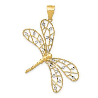 14k Yellow and White Gold Polished Diamond-cut Filigree Dragonfly Pendant