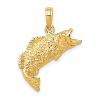 14k Yellow Gold Polished and Textured Bass Fish Pendant