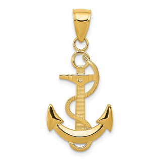 14k Yellow Gold Polished Anchor w/Textured Rope Pendant