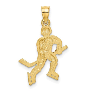 14k Yellow Gold Satin and Diamond-cut Hockey Player Pendant