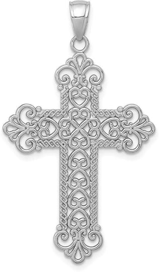 14K White Gold Polished Large Rope Frame Filigree Cross Pendant