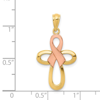 14K Two-tone Gold Polished Pink Ribbon Cross Pendant
