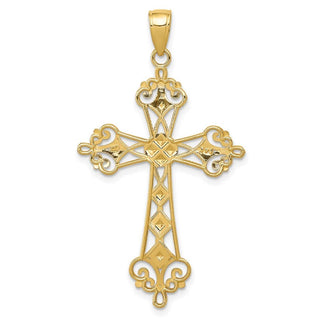 14k Yellow Gold and Rhodium Polished Diamond-Cut Cut-Out Cross Pendant