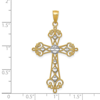 14k Yellow Gold and Rhodium Polished Diamond-Cut Cut-Out Cross Pendant