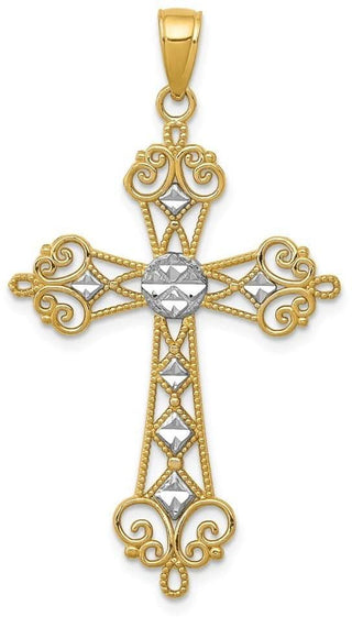 14k Yellow Gold and Rhodium Polished Diamond-Cut Cut-Out Cross Pendant