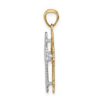 14k Yellow and White Gold Polished Filigree 2 Level Heart Cross Pendant