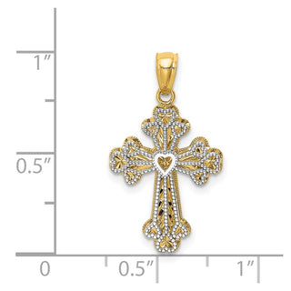 14k Yellow and White Gold Polished Filigree 2 Level Heart Cross Pendant