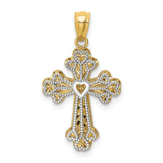 14k Yellow and White Gold Polished Filigree 2 Level Heart Cross Pendant