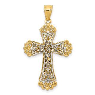 14k Yellow and White Gold Polished 2 Level Budded Cross Pendant