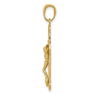 14k Yellow Gold Polished & Textured Crucifix w Jesus On Engraved Cross Pendant