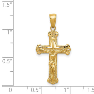 14k Yellow Gold Polished & Textured Crucifix w Jesus On Engraved Cross Pendant