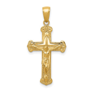 14k Yellow Gold Polished & Textured Crucifix w Jesus On Engraved Cross Pendant