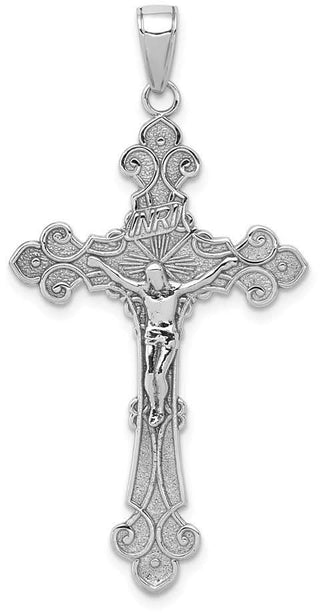 14K White Gold Polished Textured INRI Crucifix Fleur De Lis Pendant