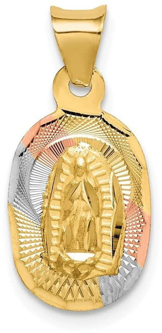 14k Yellow Gold and Rhodium and Diamond-Cut Lady Of Guadalupe Oval Pendant K5637