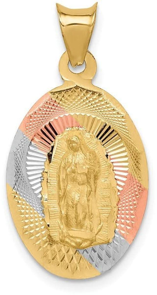 14k Yellow Gold and Rhodium and Diamond-Cut Lady Of Guadalupe Oval Pendant K5638