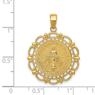 14k Yellow Gold Miraculous Medal with Scallop Frame Pendant - Polished & Textured