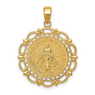 14k Yellow Gold Miraculous Medal with Scallop Frame Pendant - Polished & Textured