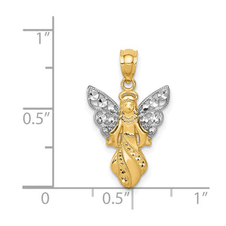 14k Yellow Gold and Rhodium Polished and Textured Angel Pendant