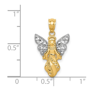 14k Yellow Gold and Rhodium Polished and Textured Angel Pendant