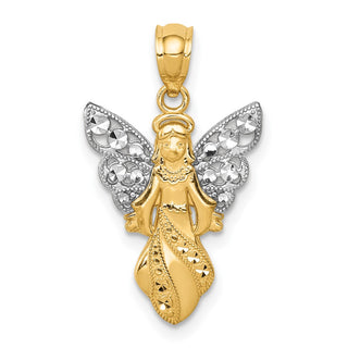 14k Yellow Gold and Rhodium Polished and Textured Angel Pendant