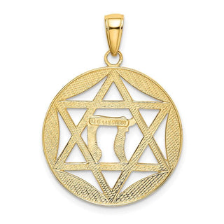 14k Yellow Gold And Rhodium Polished Jewish Star With Chai In Round Pendant