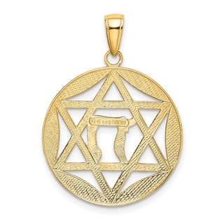 14k Yellow Gold And Rhodium Polished Jewish Star With Chai In Round Pendant