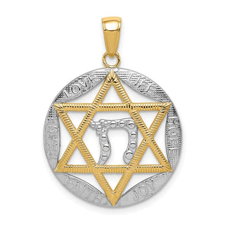 14k Yellow Gold And Rhodium Polished Jewish Star With Chai In Round Pendant