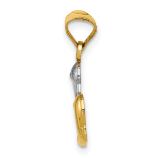 14k Yellow Gold And Rhodium Polished Diamond-Cut Dolphins Pendant