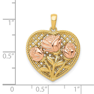 14k Yellow and Rose Gold Polished Roses Basketweave Heart Pendant