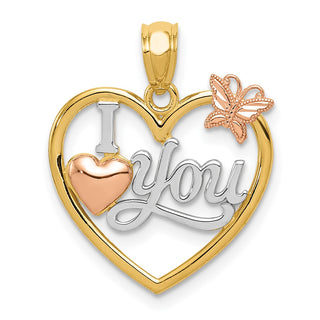14k Yellow and Rose Gold Polished I Love You In Heart w/ Butterfly Pendant