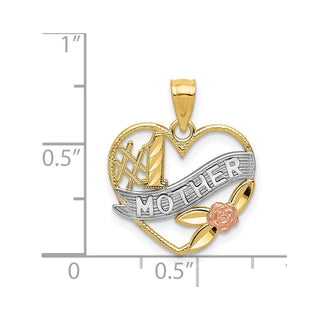 14k Yellow and Rose Gold w/Rhodium Diamond-cut #Mother in Heart w/Rose Pendant
