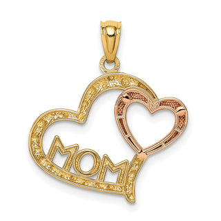 14k Yellow and Rose Gold w/Rhodium Diamond-cut Mom in Heart w/Heart Pendant