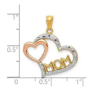 14k Yellow and Rose Gold w/Rhodium Diamond-cut Mom in Heart w/Heart Pendant