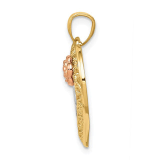 14k Yellow and Rose Gold w/Rhodium Diamond-cut Mom in Heart w/Rose Pendant