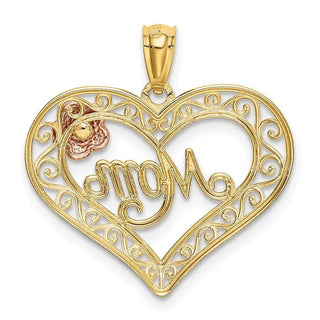 14k Yellow and Rose Gold w/Rhodium Diamond-cut Mom in Heart w/Rose Pendant