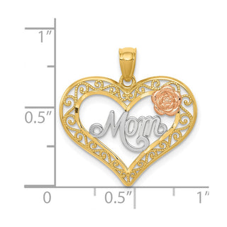 14k Yellow and Rose Gold w/Rhodium Diamond-cut Mom in Heart w/Rose Pendant