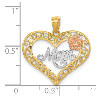 14k Yellow and Rose Gold w/Rhodium Diamond-cut Mom in Heart w/Rose Pendant