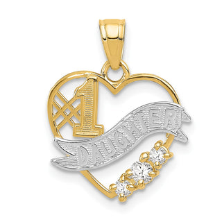 14k Yellow Gold And Rhodium CZ #1 Daughter Heart Pendant