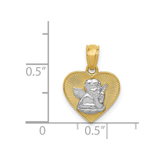 14k Yellow Gold And Rhodium Polished Guardian Angel In Heart Pendant