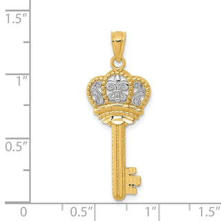 14k Yellow Gold and White Rhodium Polished Fleur De Lis Crown Key Pendant