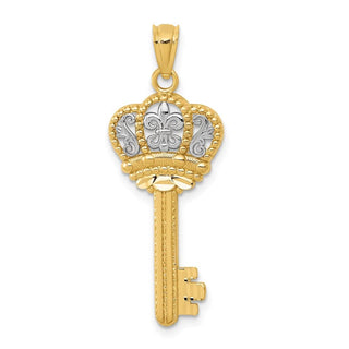 14k Yellow Gold and White Rhodium Polished Fleur De Lis Crown Key Pendant