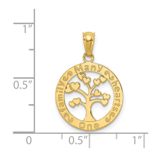 14k Yellow Gold Polished ONE FAMILY MANY HEARTS Tree Pendant