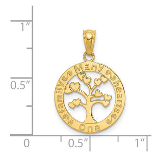 14k Yellow Gold Polished ONE FAMILY MANY HEARTS Tree Pendant